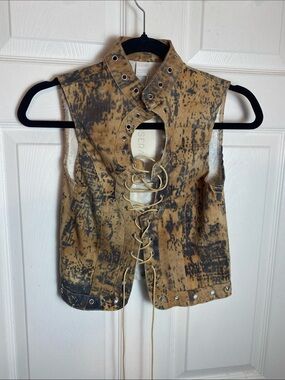Grommet Lace Up Vest  Brown & Yellow Tie-Dye Size Small